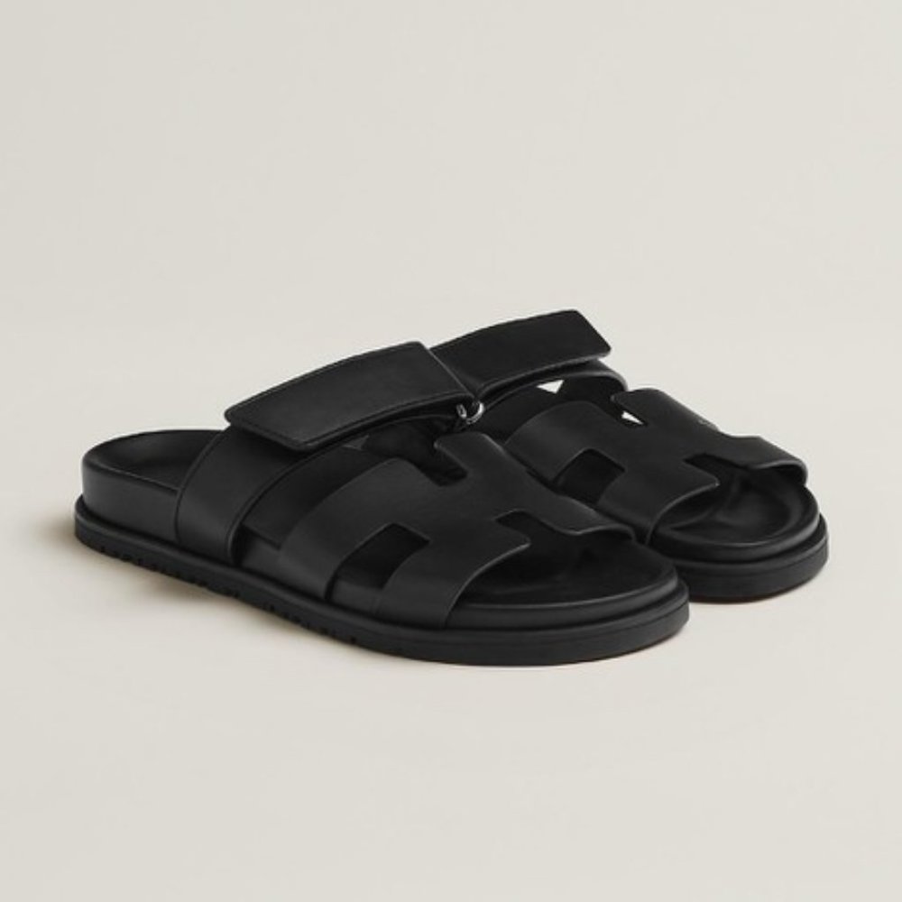 New Hermes Chypre Sandals - Black Leather, Size 39.5
